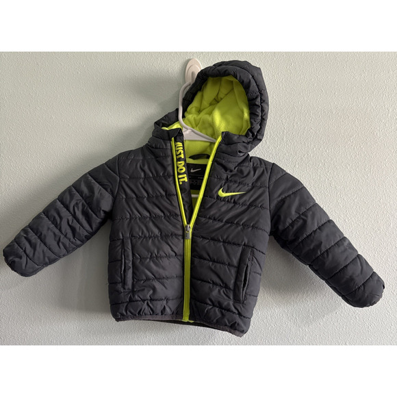 Nike Toddler Boys Puffer Coat Jacket Size 18 Months Hooded Gray/Neon - Picture 1 of 5